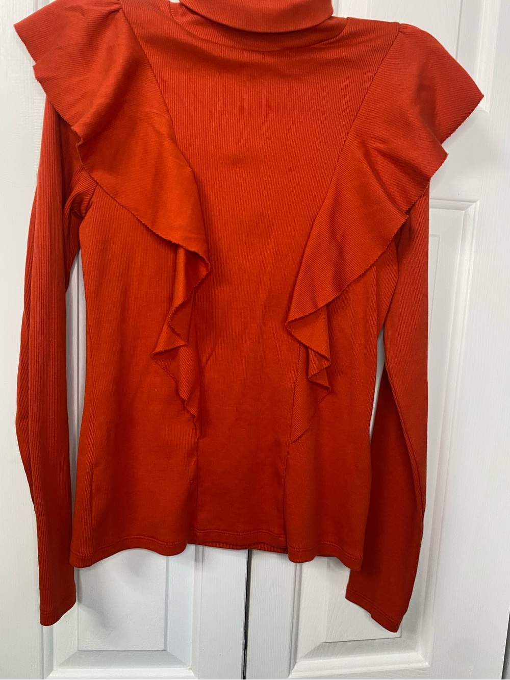 Veronica Beard Rust Ruffle-Front Turtleneck Long Sleeve Top